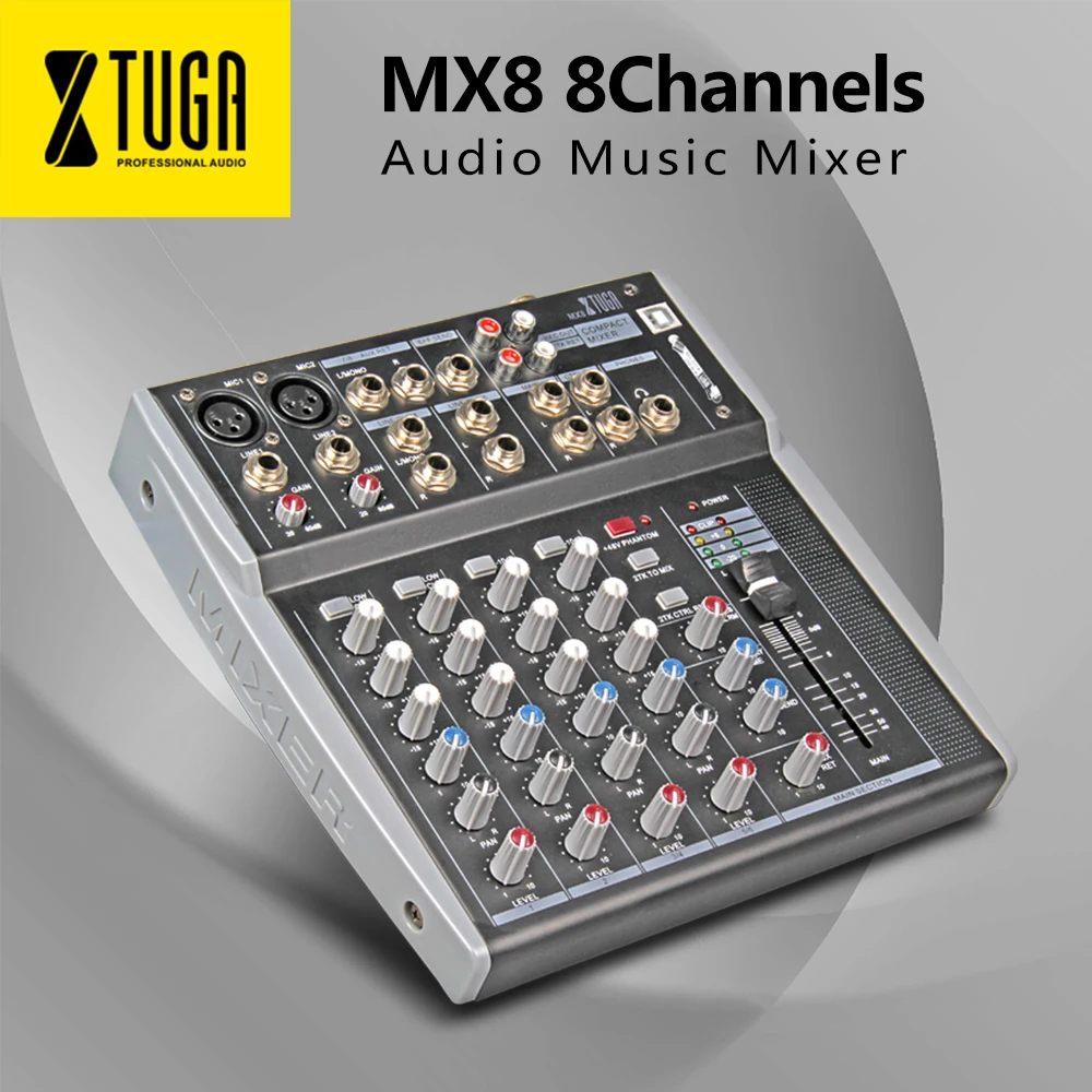 Baratos XTUGA MX8 8 canales, 3 banda EQ de Audio de música mezclador consola de mezcla con USB XLR Line de entrada de alimentación Phantom de 48V para la grabación de DJ etapa