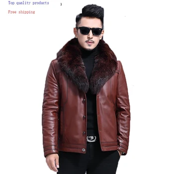 

Genuine Leather Jacket Men Real Cow Leather Winter Coat Mink Collar Men Leather Jacket Wool Liner Fox Fur F-9127 KJ1430