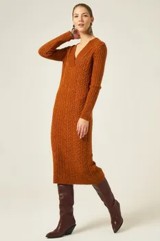

V-NECK HAIR WEAVE KNITWEAR DRESS-TAN