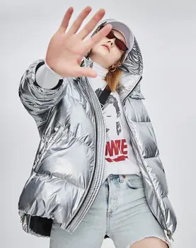 

Down Jacket Female Short Paragraph 2019New Silver Shiny Hooded Loose Thickening bread white duck down jacket