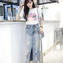 Spring Summer Autumn women long denim skirt plus size maxi skirts vintage jeans Hem Split pencil skirts DF419