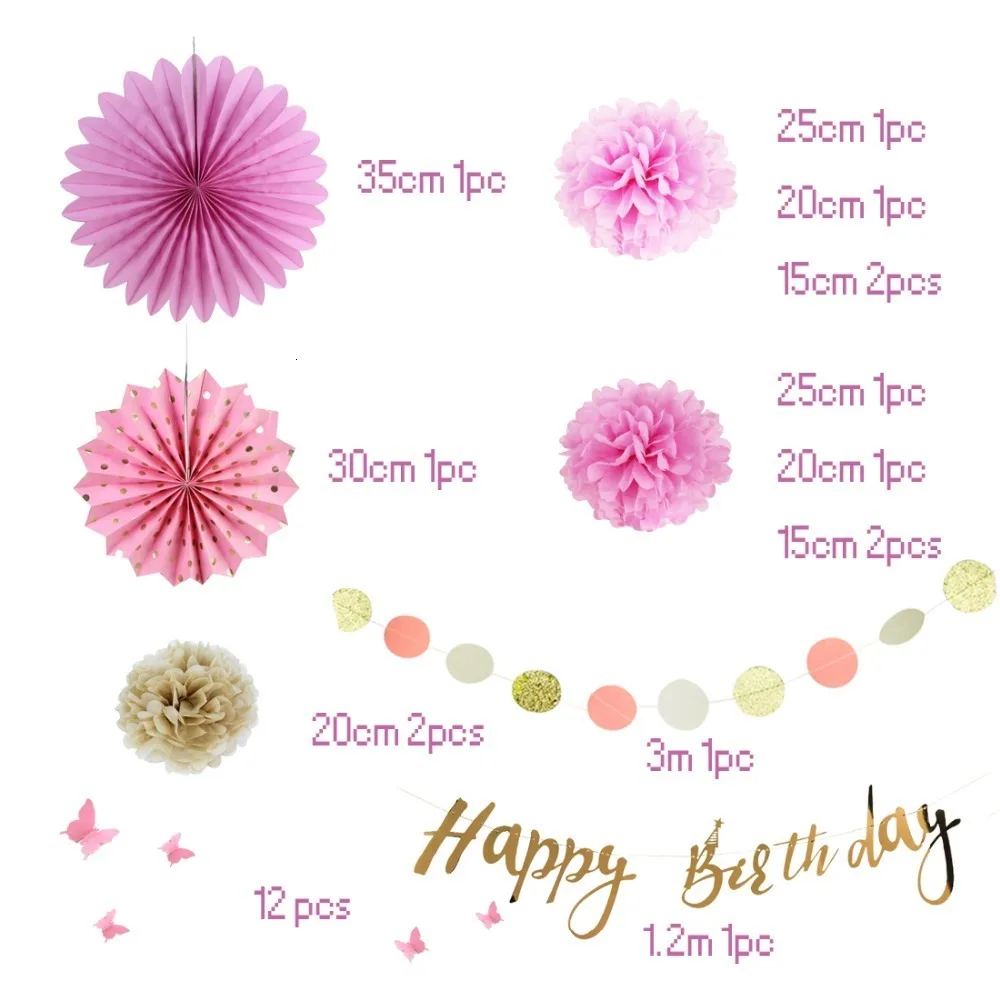 Розовый день рождения украшения детский набор 15 шт. Висячие с днем рождения баннер бумажные гирлянды для девочек и взрослых день рождения