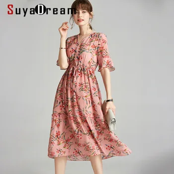 

SuyaDream Woman 100%Silk Long Dress V neck Butterfly Sleeves Floral Dress 2020 Summer Sashes Dresses Vestidos
