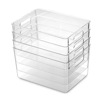 

Hot XD-4Pcs Clear Pantry Organizer Bins Household Plastic Food Storage Basket with Cutout Handles for Kitchen, Countertops