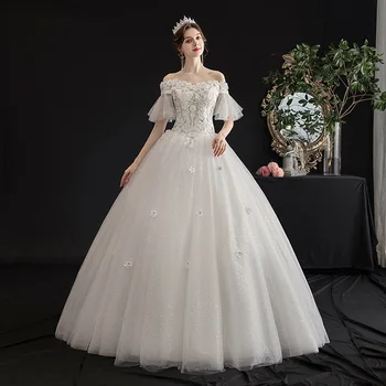 

Simple Vestidos De Novia 2020 New Boat Neck Half Sleeve Wedding For Women Lace Flower Plus Size Lace Up Slim Bridal Gown