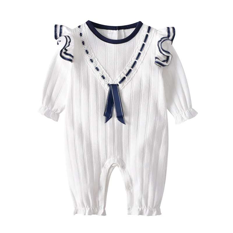 

2023 Autumn Baby New Born Girl White Ribbed Long Sleeve Princess Outfit Romper Girls Cotton Jumpsuit One Piece Clothes For 0-24M