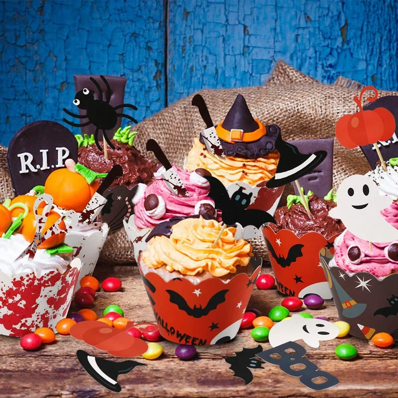 New-48Pcs Halloween Cupcake Toppers Wrappers Cake Picks Cupcake Liners Food Picks for Halloween Party Supply Decorations