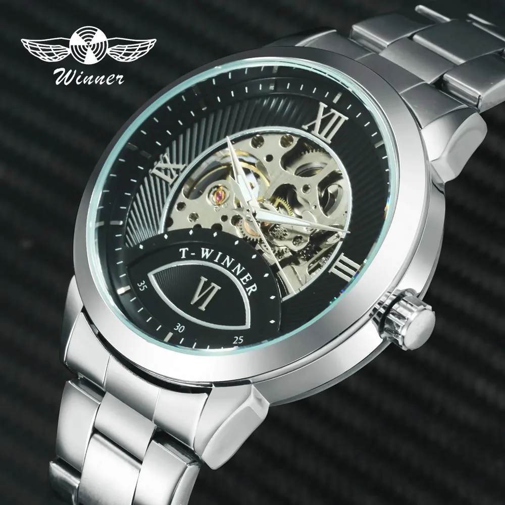 WINNER Official Fashion Dress Skeleton Watches Automatic Mechanical Wristwatch Stainless Steel Strap Military Sports Wrist Watch | Наручные