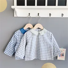 Весенняя детская одежда для маленьких девочек, блуза в клетку; корейский стиль; Милая Детская Детские рубашки топы с длинными рукавами