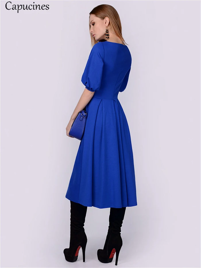 Summer Women Pockets Lantern Sleeve Casual Dress Solid Short Sleeves O-Neck A-Line Female Elegant Vintage Party Dresses