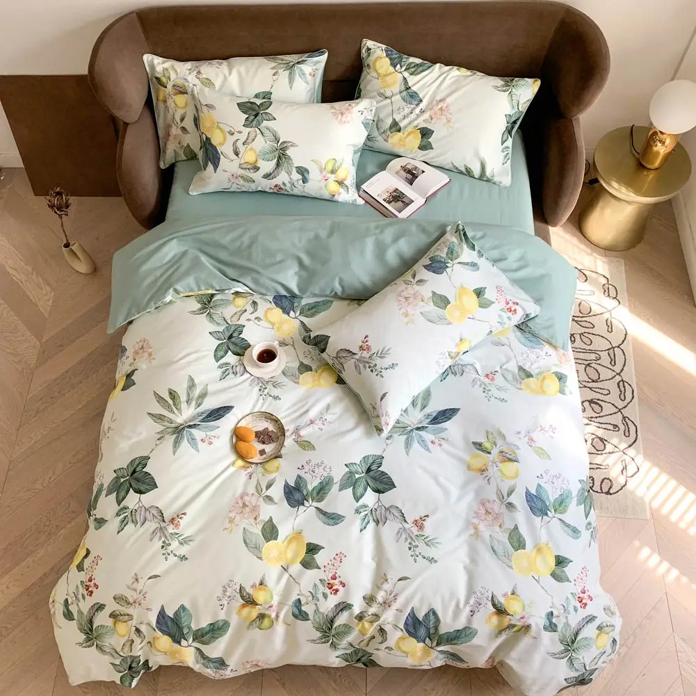 Svetanya Yellow Lemons Leaves Nordic Egyptian Cotton Bedding Set Print Flat Fitted Sheet Pillowcase Duvet Cover Sets Bed Linens