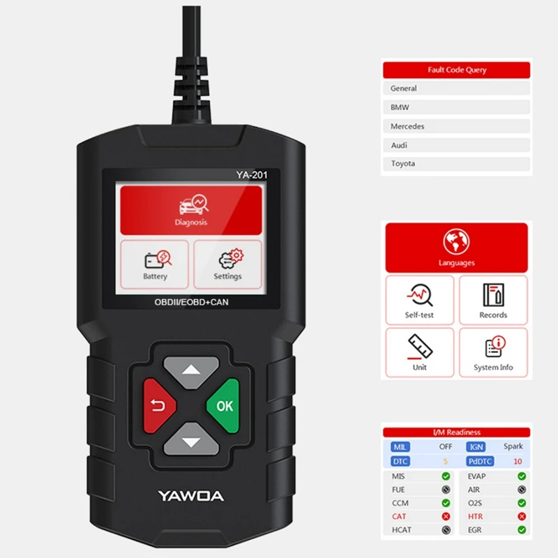 YA-201 OBD2 сканер, считыватель кода неисправности автомобильного двигателя может диагностический сканер