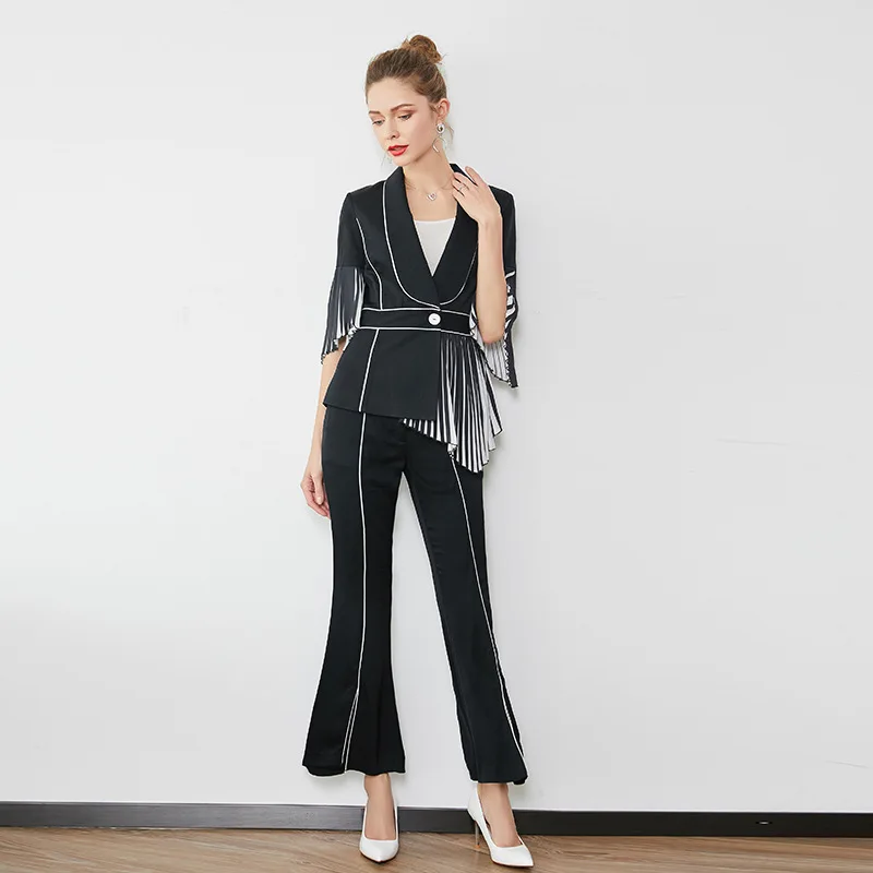 

Pant Suits Ladies Summer Brand New Lapel Half Sleeves Small Jacket Blazer + Black Flared Pants Two Piece Set Female S-XL
