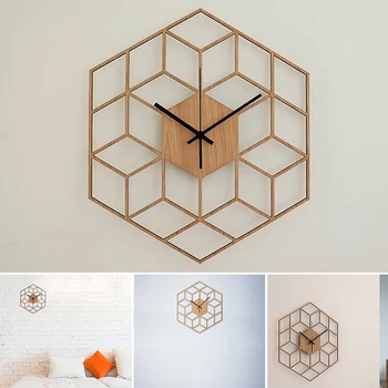 

Silent Geometry Hexagonal Quartz Large Home Decor Bamboo Wood Gift Office Battery Operated Bedroom Wall Clock Modern
