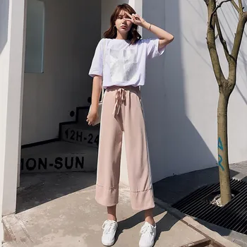 

Women Summer Solid Color Loose Wide Leg Elastic High Waist Tie Straight Casual Nine Pants 2XL New