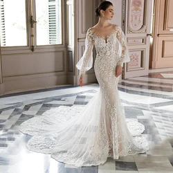 High Quality Ladies Lace Wedding Dresses Floor-Length Deep V-Neck Fulle Sleeve Sweep/Brush Train Mermaid Bridal Gowns Backless