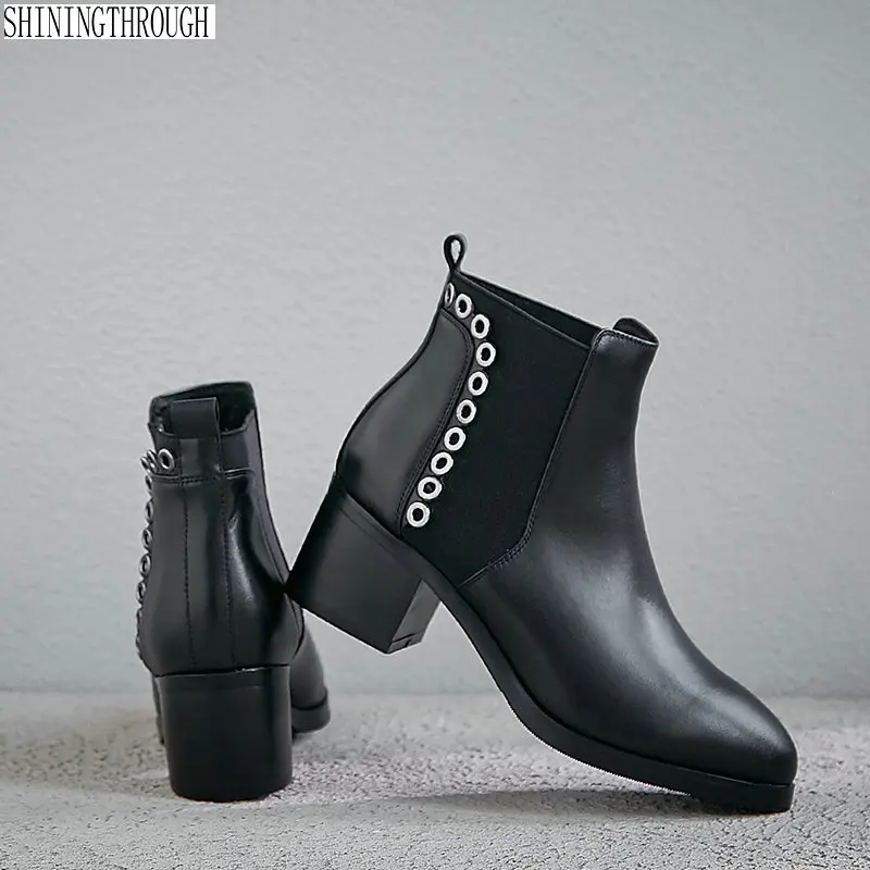 

2019 Genuine Leather rouned Toe Chelsea Boots Women Ankle Boots Elegant Party Shoes Woman thick High Heels size 41 42