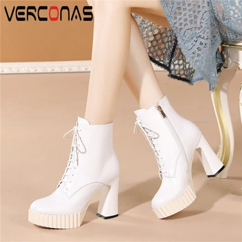 

VERCONAS Autumn Winter Women Ankle Boots Fashion New Shoes Woman Cross-Tied Platforms Thick Heels Zipper Genuine Leather Boots