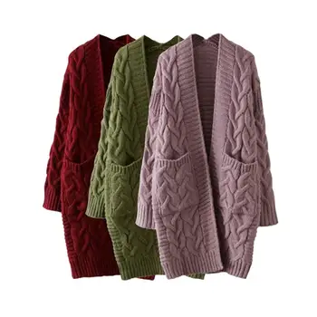 

Casual Lady Loose Cardigan Solid Color Sweater Outwear Twisted Knitted Long Coat