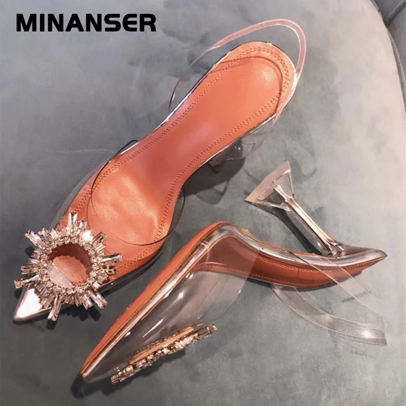 

MinanSer Transparent Crystal Shoes 2019 Summer New Pointed Odd Heel Shoes Stiletto Ladies Sun Decoration Wild Fairy Shoes Zapato
