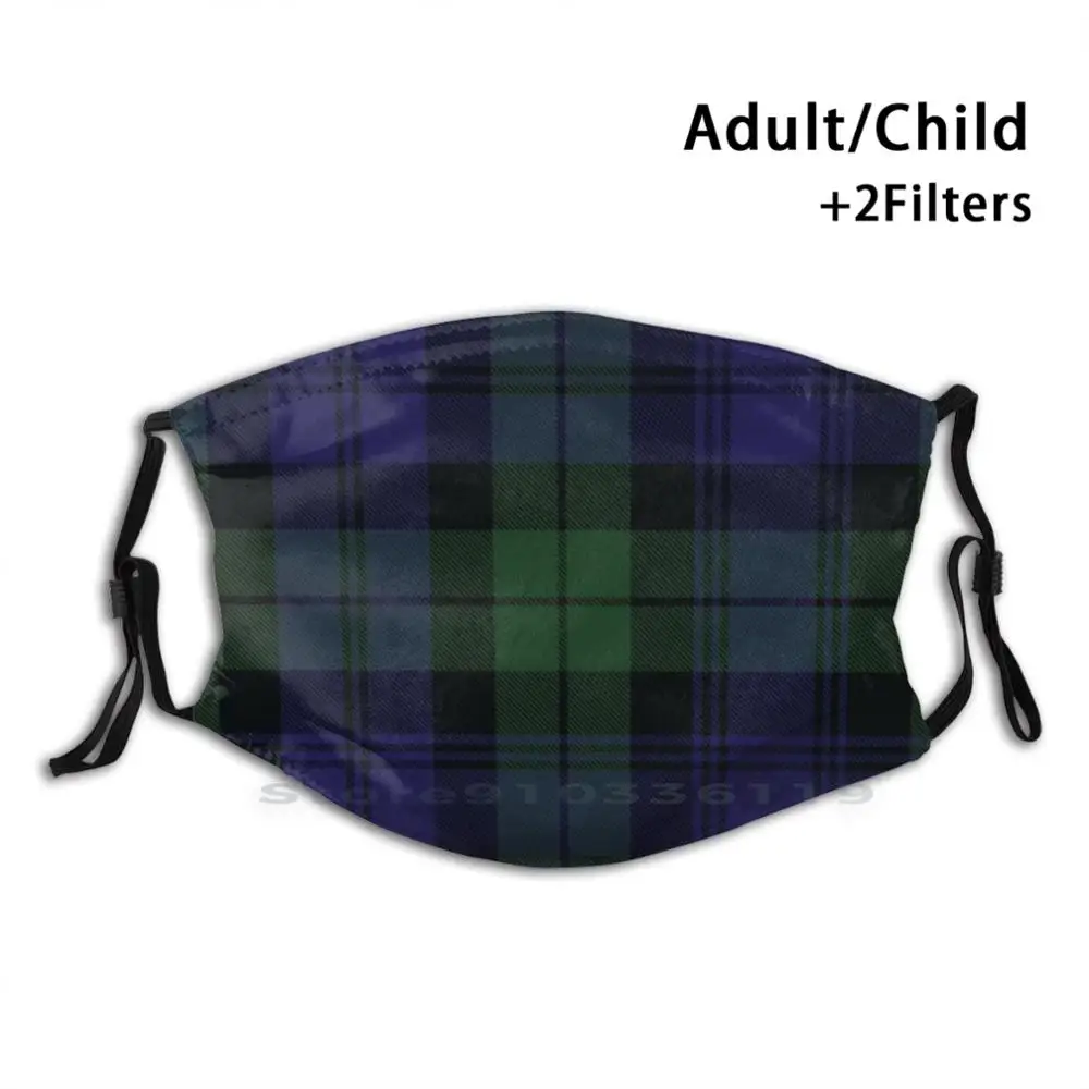 

Black Watch Tartan Adult Kids Washable Funny Face Mask With Filter Tartan Black Watch Scotland Scottish Scots Green Blue