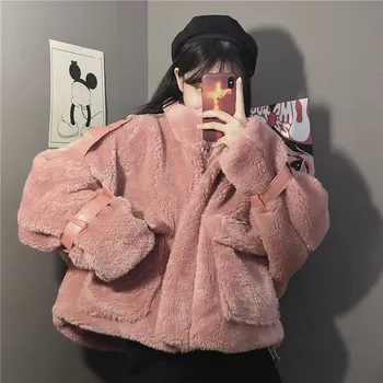 

2020 Winter Coat Women Loose Big Pocket Short Jackets For Women Fashion Solid Pink Stand Thicken Warm Female Coats