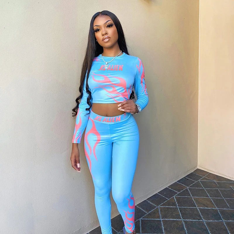 

Flame Letter Print Skinny Suit Set Women Fall High Quality Elastic Jogging Tracksuit Long Sleeve Top Leggings Activity Sportwear