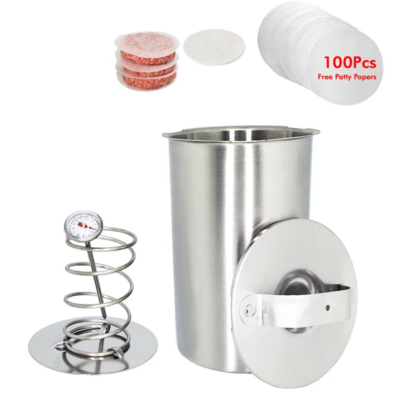 

Kitchen Cooking Tools Stainless Steel Ham Press Maker Seafood Hamburger Meat Poultry Tools With 100 Pcs Patty Papers Thermometer