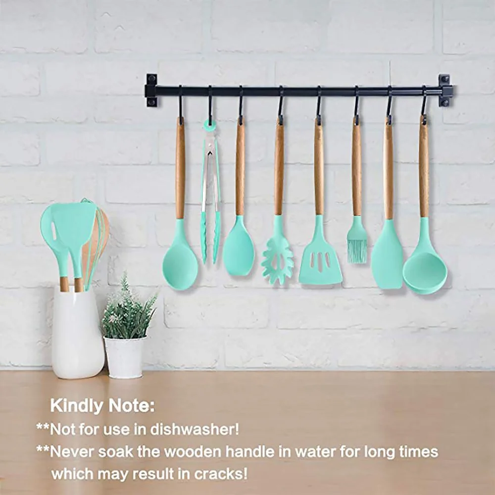 11-piece Set Of Silicone Kitchenware With Wooden Handle Spoon Shovel Dark Gray Plastic Bucket High Temperature Resistance