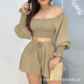 

WEPBEL Clothing Set Women Top Flower Elastic Shorts Drawstring Floral Flower Full Sleeve Slash Neck Sexy New Fashion Summer