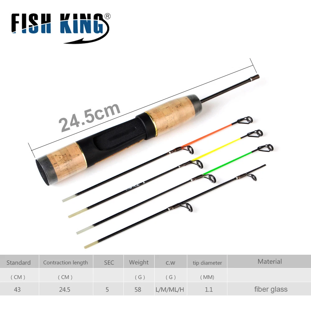 FISH KING 43cm 2 Section Mini Winter Fishing Rod Wood Handle C.W L-H Power Glass Fiber Ice Fishing Spinning Rod Travel Bass Pike