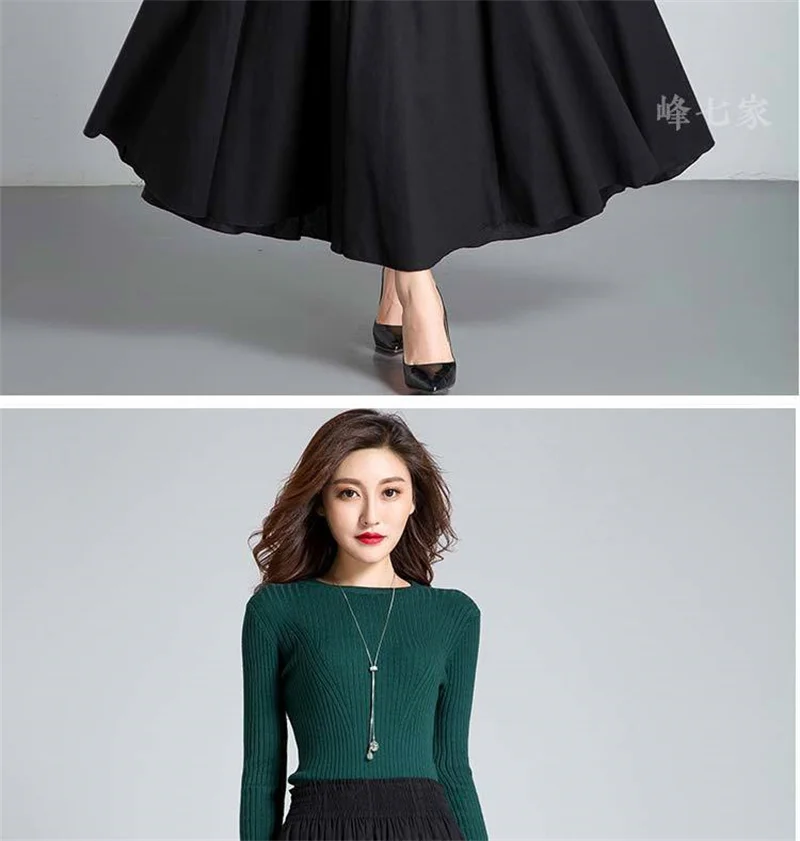 Autumn 2021Women New National Style Cotton Linen Skirt With Big Hem Solid Color Dancing Dress High Waist A-line Female SkirtA472 black leather skirt