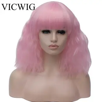 

VICWIG White Black Pink Red Golden Short Wig With Bangs For Women Cosplay Wig Synthetic Curly Hair Heat Resistant