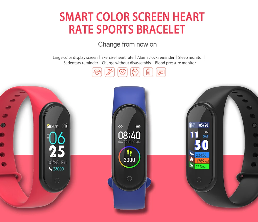  M4 Smart Wristband Fitness Bracelet Color Touch Screen Bracelet Heart Rate Blood Pressure Tracker W - 4000033619192