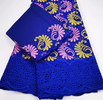 

Latest African Lace Fabric 5yards+2yards cotton voile lace High Quality Emboridery French Lace headtie royal blue FLC809