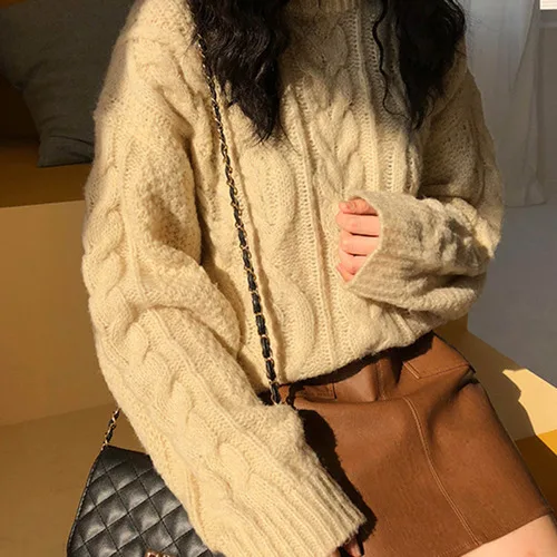 Woherb Pull Femme однотонные Цвет с длинными рукавами и круглым вырезом пуловер с косами Винтаж комбинезоны свободного кроя в Корейском стиле новые модные Sueter 90970 - Цвет: apricot pullover