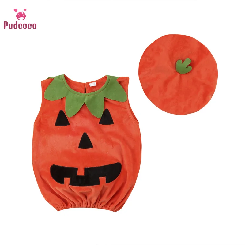 Pudcoco 0-3Y Cosplay Halloween Kids Toddler Baby Boy Girl Romper Pumpkin Print Sleeveless Jumpsuits Hats Outfits Costumes