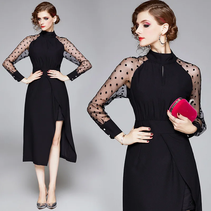 

Large Austrian WOMEN'S Dress 2020 Early Spring New Style Stand Collar Gauze Polka Dot Long Sleeve High Slit Debutante Dress
