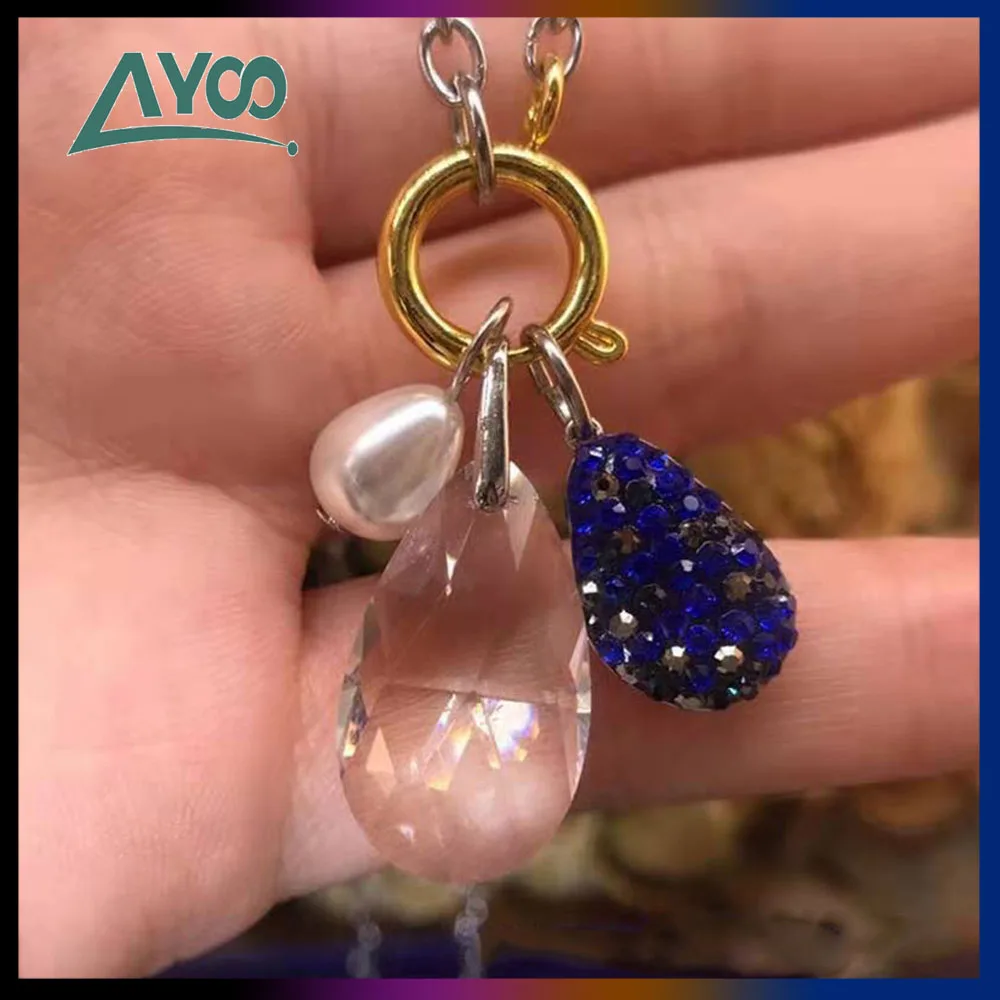 AYOO High Quality SWA Modern Fashion Dark Blue Crystal Pearl Necklace Three Pendant Spring Clasp Clavicle Chain Jewelry | Украшения и
