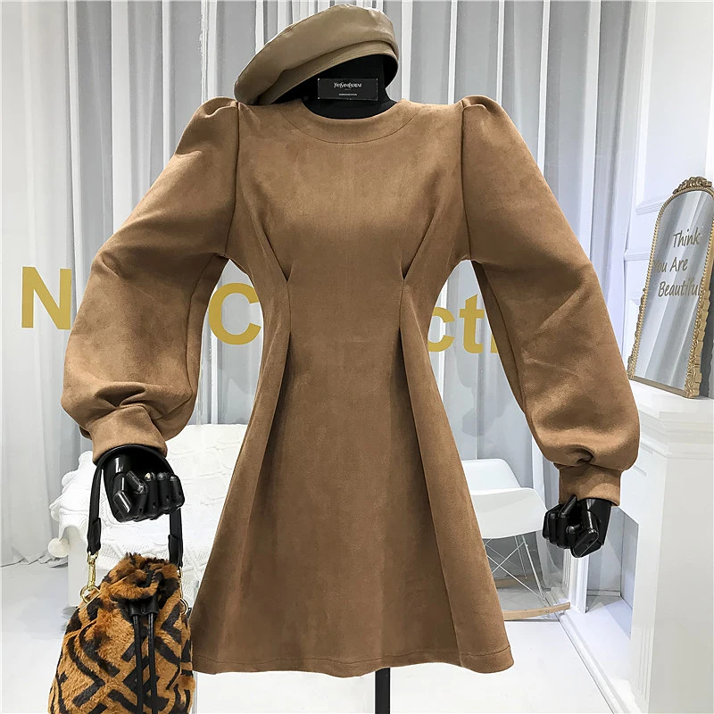 

Suede Vintage Dress French Style Vestidos De Fiesta Above Knee, Mini Lantern Sleeve A-Line Solid Slim Dresses Woman Party Night