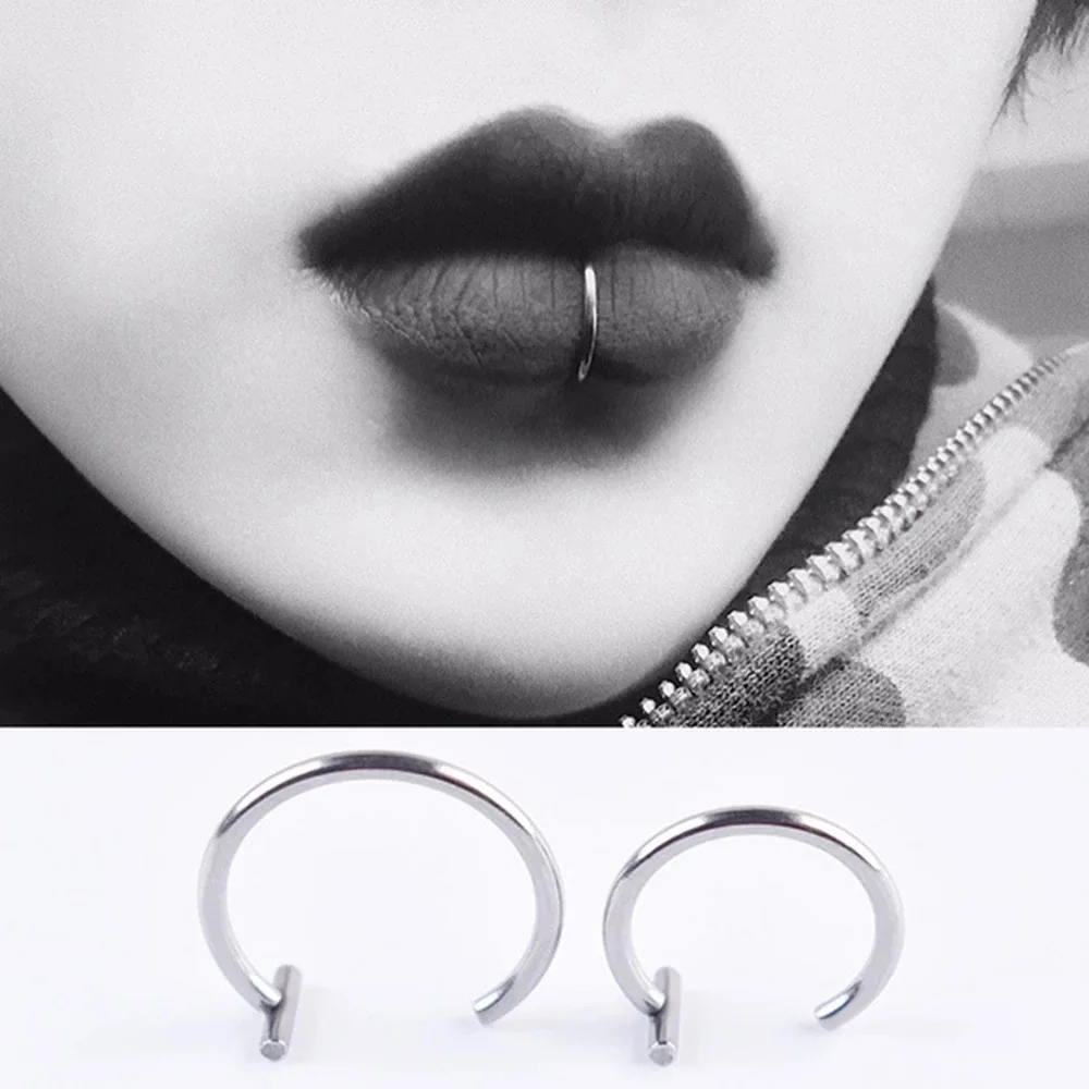 Punk 8/10mm Titanium Steel Lip Rings Cuff Clip on Fake Labret Piercing Ear Nose Hoops - Image 6