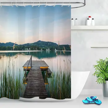 

Custom Lake View Wood Corridor Shower Curtain Liner Waterproof Bathroom Hooks