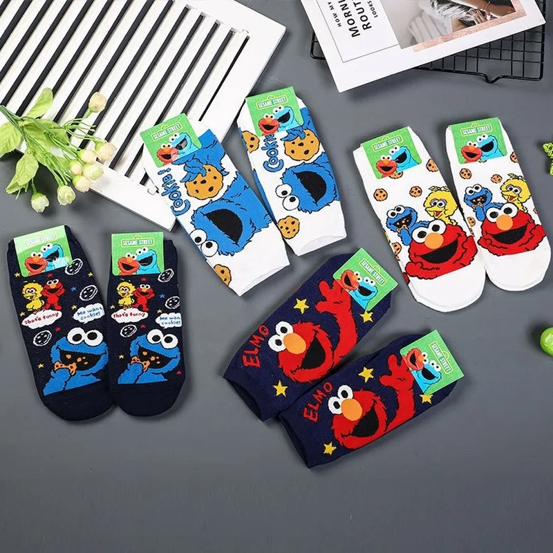 Носки в Корейском стиле с героями мультфильма «Улица Сезам»; повседневные милые носки; Новинка; мягкие удобные носки белого и синего цвета; сезон лето-осень; женские вечерние носки из хлопка; подарок