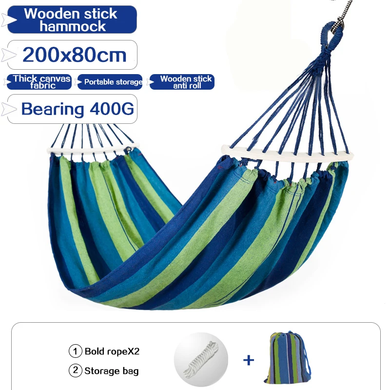 Single double hammock outdoor anti-rollover canvas hammock swing mesh wooden stick double thickening 200X150CM 