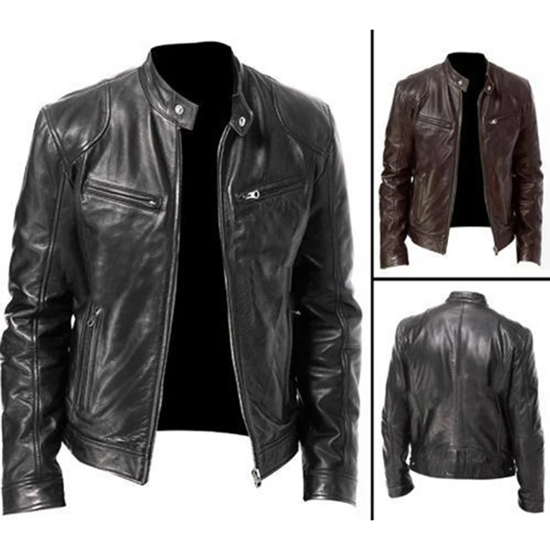 

New Autumn Winter Mens Leather Jackets Black Biker Motorcycle Mens Leather Jacket Men Pu Leather Stand Collar Coats Male