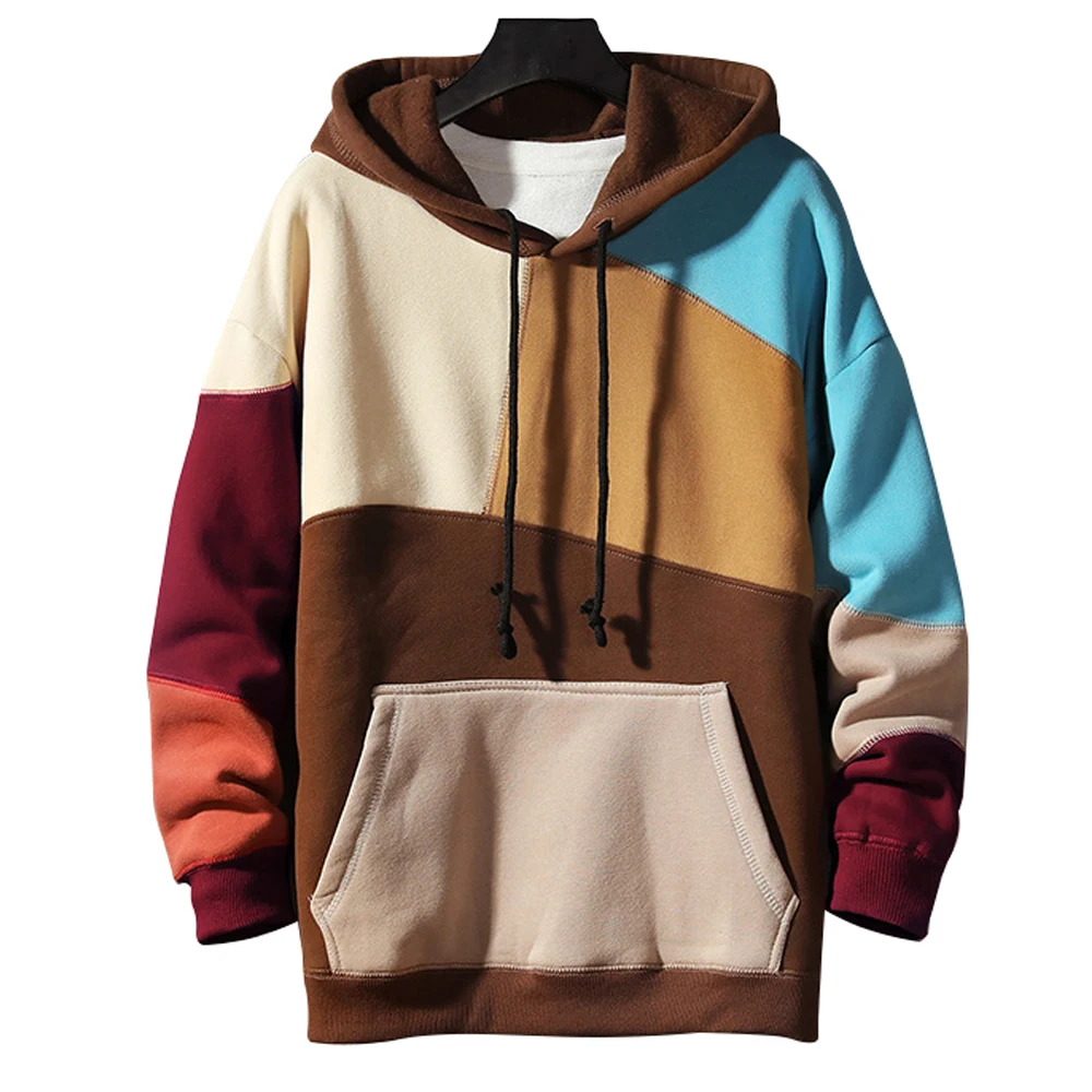 ZUSIGEL Autumn Winter Thicken Fleece Tangram Color Stitching Mens Hoodies Sweatshirts Loose Japanese Streetwear Hoodies Men