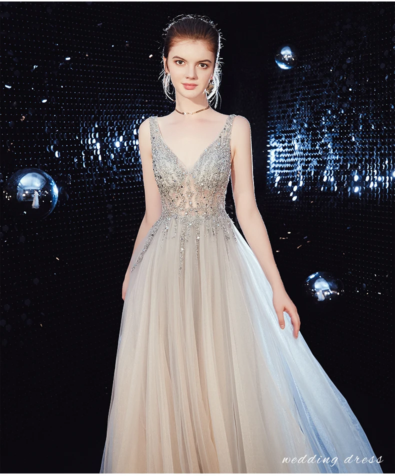 

Sexy Sheer V Neck Sleeveless Evening Dress A Line Beaded Long Party Dresses Women Evening With High Slit Evening Gown