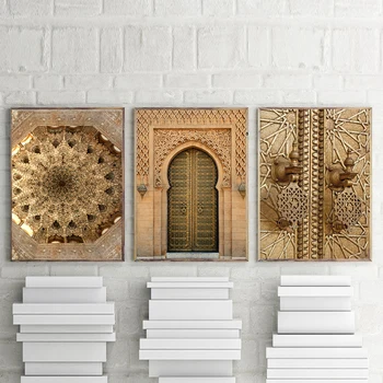 

Morocco Door Wall Art Canvas Painting Gold Architecture Nordic Poster Wall Pictures For Living Room Decorative Unframed
