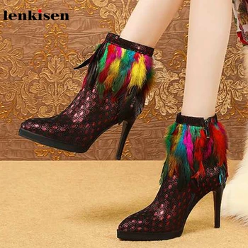 

Lenkisen new gorgeous multicolor sheep suede pointed toe stiletto super high heels Zipper winter keep warm women ankle boots L85