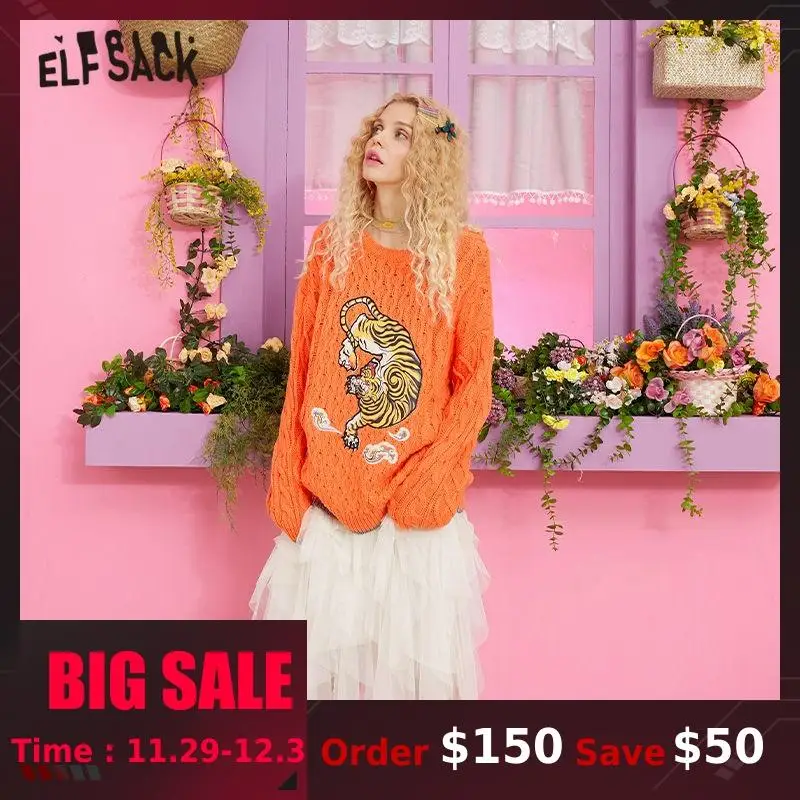 ELF SACK Orange Tiger Print Lazy Knitted Sweater Women Clothes 2019 Autumn Winter Korean Style Oversized Ladies Sweaters | Женская
